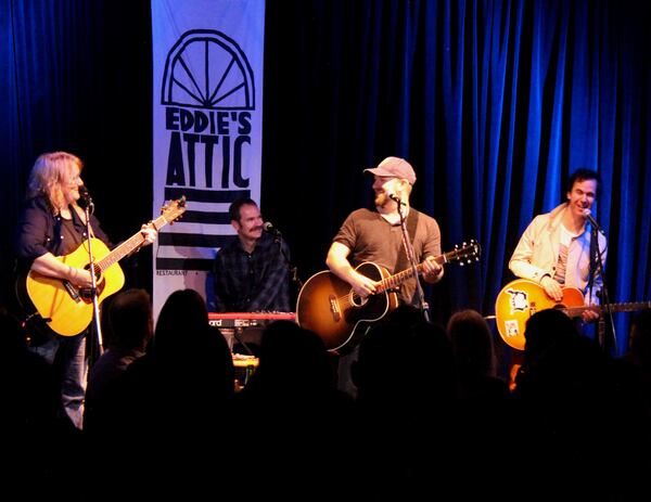 The gang's all here! Emily Saliers, Brandon Bush, Kristian Bush and JT Harding at Eddie's Attic Sunday night. Photo: Melissa Ruggieri/AJC