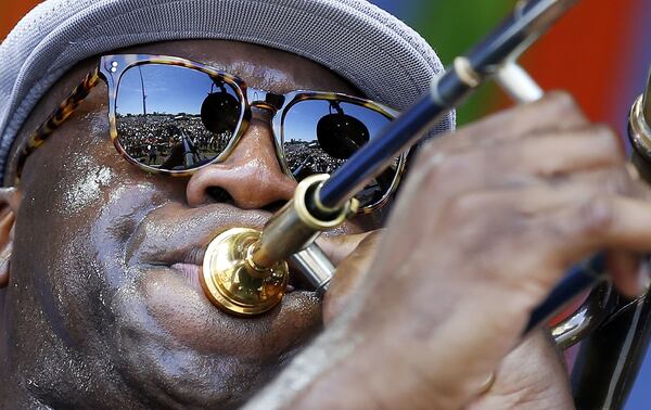 Pictured here at the 2018 New Orleans Jazz and Heritage Festival, Big Sam of Big Sam’s Funky Nation will perform at the festival again this year on May 2. AP PHOTO / GERALD HERBERT