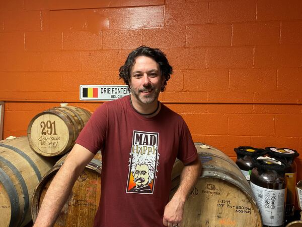 Mike Castagno in the barrel room at Twain’s Brewpub in Decatur.
(Bob Townsend for the Atlanta Journal-Constitution)