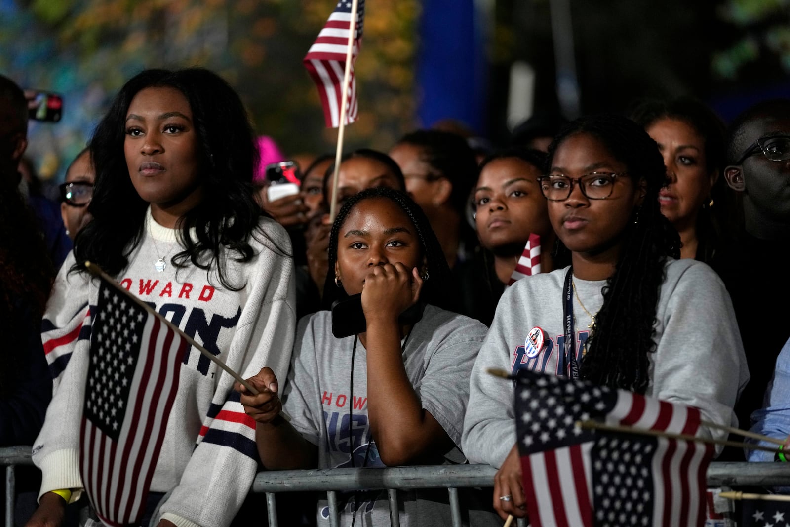 Supporters watch as results come in at an election night campaign watch party for Democratic presidential nominee Vice President Kamala Harris, Tuesday, Nov. 5, 2024, on the campus of Howard University in Washington. (AP Photo/Susan Walsh)