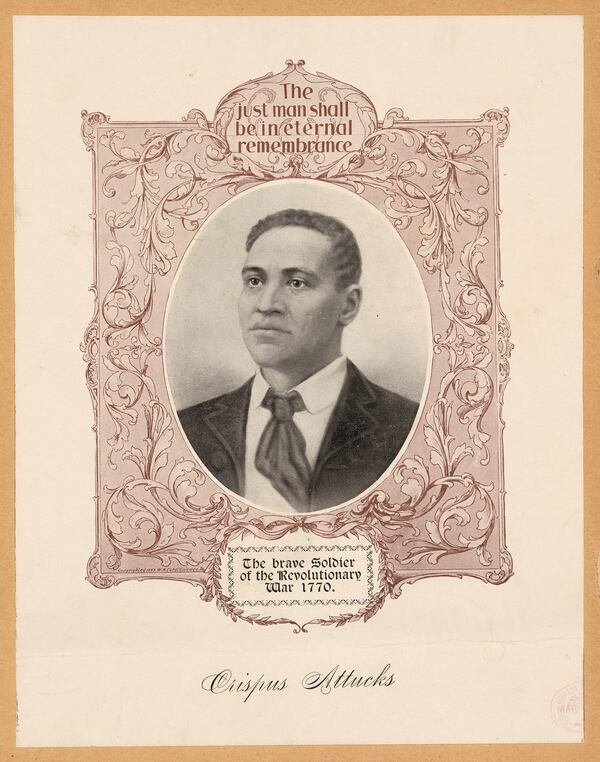 A memorial portrait of Crispus Attucks, from 1897. The text above reads, "The brave soldier of the Revolutionary War, 1770." (Library of Congress)