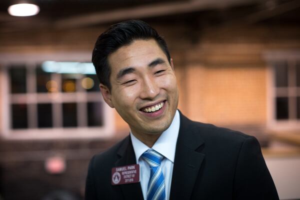 Sam Park, the first openly gay man to be elected to Georgia’s General Assembly, celebrates during a victory party. Branden Camp/Special