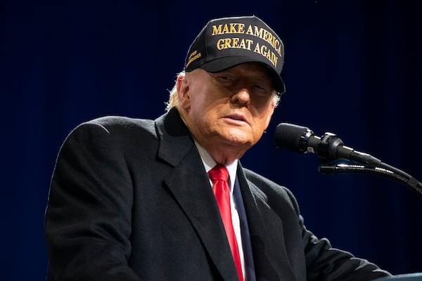 Former President Donald Trump gives remarks during a rally in Macon on Sunday, Nov. 3, 2024.   Ben Gray for the Atlanta Journal-Constitution