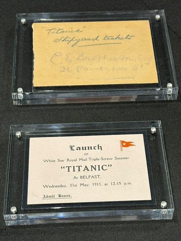 Original tickets to see the Titanic leave Belfast in 1911 that will be part of "Titanic: The Immersive Voyage" at Exhibition Hub in Doraville starting July 19, 2024. RODNEY HO/rho@ajc.com