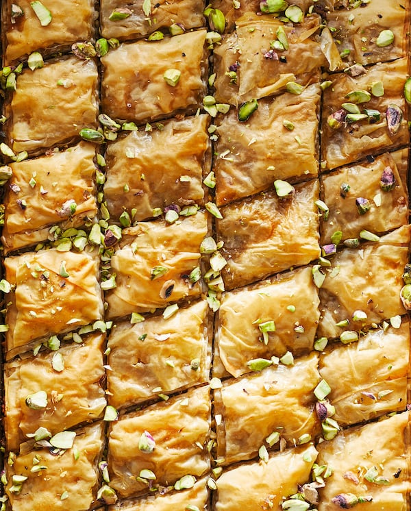 Triple Nutty Baklava, from “The Mediterranean Dish” by Suzy Karadsheh (Clarkson Potter, $32.50), contains pistachios, walnuts and hazelnuts. (Courtesy of Caitlin Bensel)