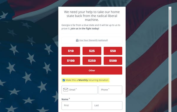 Screenshot taken May 12 of the donation page on the website of former U.S. Sen. Kelly Loeffler's organization Greater Georgia.