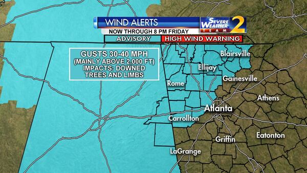 A wind advisory for North Georgia was slated to expire at 8 p.m. Friday. (Credit: Channel 2 Action News)