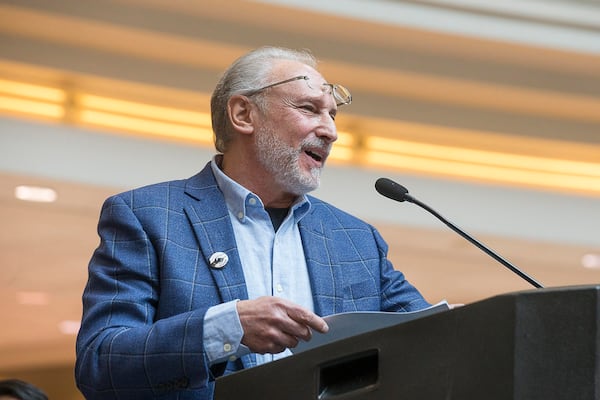 04/08/2019 -- Atlanta, Georgia -- Gary Super, the senior designer of the art tribute "John Lewis--Good Trouble," speaks during a tribute to Congressman John Lewis in the atrium of the domestic terminal at Atlanta's Hartsfield Jackson International Airport, Monday, April 8, 2019. The art exhibit "John Lewis-Good Trouble" was unveiled Monday with historical artifacts, audio and visual installations and tributes to the congressman.  