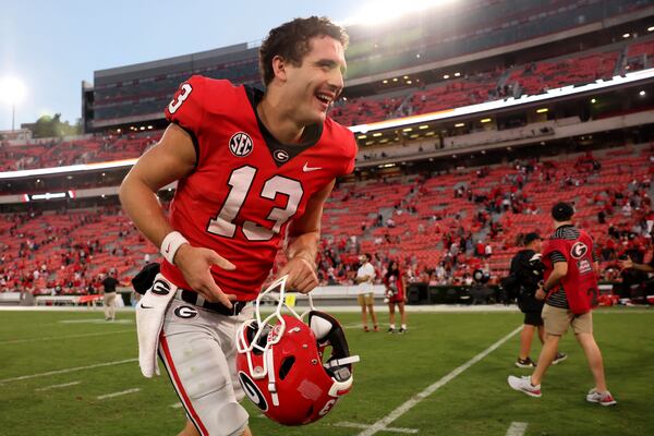 Georgia Bulldogs quarterback Stetson Bennett after the team's 55-0 win against the Vanderbilt Commodores at Sanford Stadium on Oct. 15, 2022, in Athens. (Jason Getz / AJC)