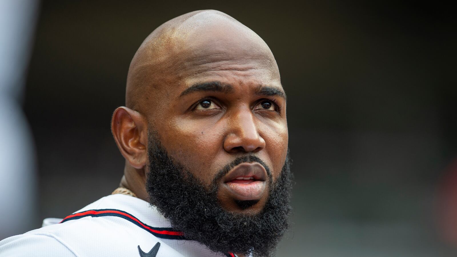 Atlanta Braves Marcell Ozuna is shown in the first inning of a baseball against the Miami Marlins Sunday, Sept. 4, 2022, in Atlanta. (AP Photo/Hakim Wright Sr.)