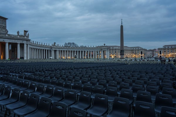 Chairs are arranged in St. Peter's Square at The Vatican, Monday, Feb. 24, 2025. (AP Photo/Bernat Armangue)