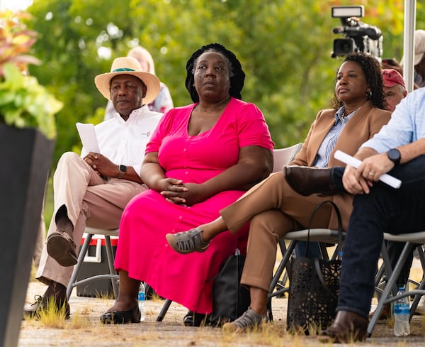 Donna Stephens, second from left, the founder and chair of Descendents of the Chattahoochee Brick Company Coalition, attends a news conference hosted by the EPA at the site of the Chattahoochee Brick Company in Atlanta on Wednesday, August 14, 2024. (Seeger Gray / AJC)