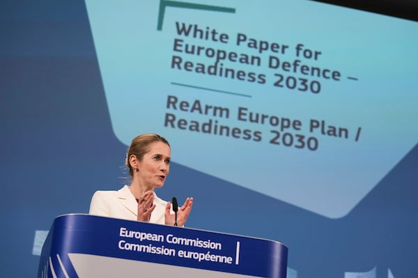 European Union foreign policy chief Kaja Kallas speaks during a media conference regarding the White Paper on the Future of European Defense and the REARM Europe plan at EU headquarters in Brussels, Wednesday, March 19, 2025. (AP Photo/Virginia Mayo)