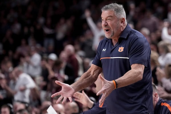 Auburn head coach Bruce Pearl reacts to a call against his defense during the first half of an NCAA college basketball game against Texas A&M on Tuesday, March 4, 2025, in College Station, Texas. (AP Photo/Sam Craft)