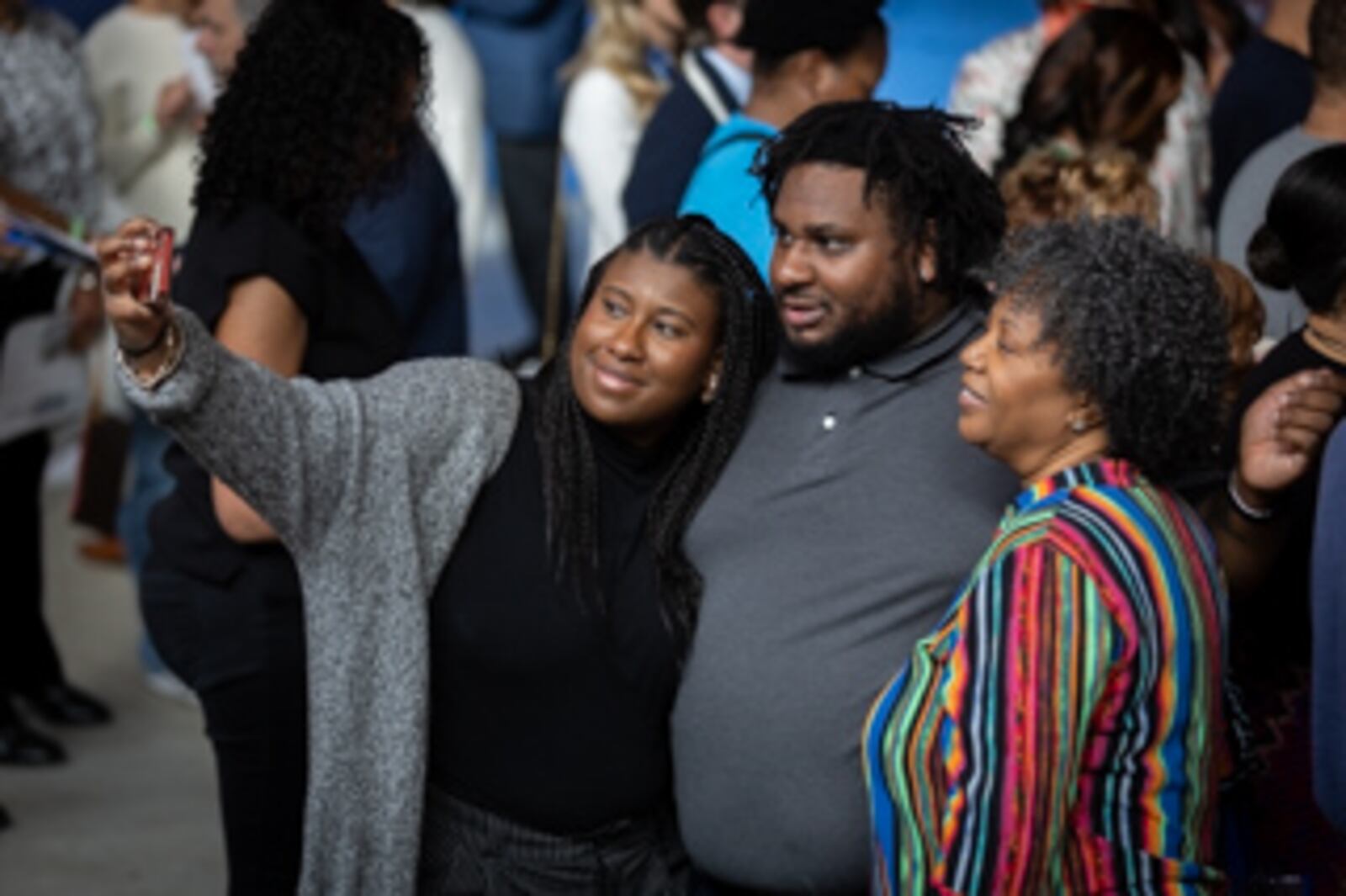  President Joe Biden's supporters take a selfie before Biden's rally at Pullman Yard in Atlanta on Saturday, March 9, 2024. (Steve Schaefer/steve.schaefer@ajc.com)