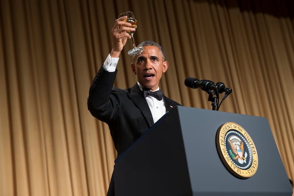 President Barack Obama offers a toast during the White House Correspondents' Association dinner at the Washington Hilton on Saturday, April 25, 2015, in Washington. (AP Photo/Evan Vucci)