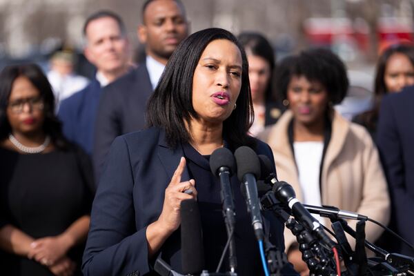 District of Columbia Mayor Muriel Bowser speaks at a news conference to address the impact of the proposed continuing resolution, on Capitol Hill in Washington, Monday, March 10, 2025. (AP Photo/Ben Curtis)