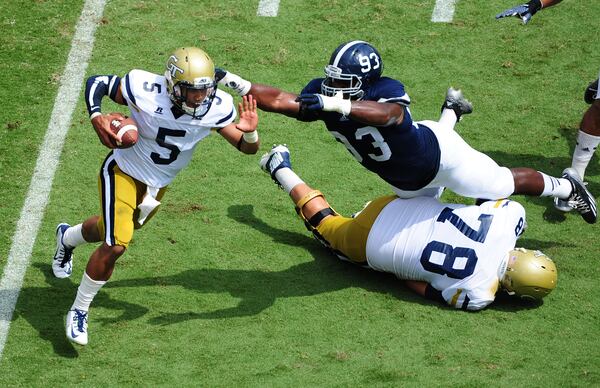 ATLANTA, GA - SEPTEMBER 13: Justin Thomas #5 of the Georgia Tech Yellow Jackets carries the ball behind blocking by Trey Braun #78 against Rashad Williams #93 of the Georgia Southern Eagles at Bobby Dodd Stadium on September 13, 2014 in Atlanta, Georgia. (Photo by Scott Cunningham/Getty Images) Guard Trey Braun (78) was among Gotsis' sparring partners in one-on-one drills this spring. (GETTY IMAGES)