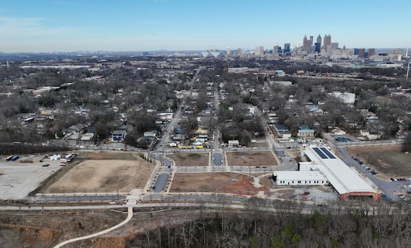 Aerial photograph of Pittsburgh Yards, a mixed-use development that spans 31 acres off University Avenue along the Beltline in southwest Atlanta, Tuesday, Jan. 24, 2023. (Hyosub Shin / Hyosub.Shin@ajc.com)