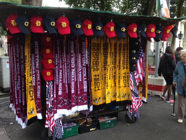 Georgia Tech and Boston College supporter scarves sold near Trinity College in Dublin. (AJC photo by Ken Sugiura)