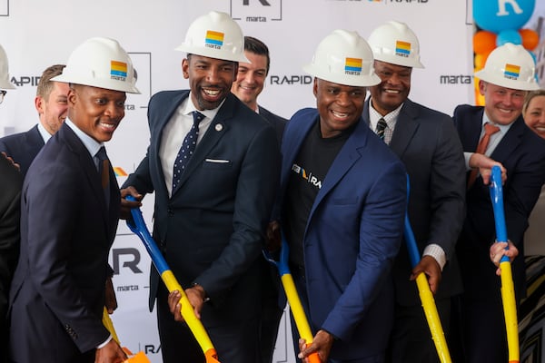 Atlanta mayor Andre Dickens and MARTA CEO Collie Greenwood participate in the groundbreaking ceremony for MARTA’s Summerhill Bus Rapid Transit Line at the corner of Hank Aaron Drive and Georgia Avenue, Thursday, June 15, 2023, in Atlanta. (Jason Getz / Jason.Getz@ajc.com)