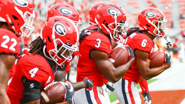 Georgia running back Zamir White (3) leads Bulldog running backs onto field against Tennessee Saturday, Oct. 10, 2020, at Sanford Stadium in Athens. (Tony Walsh/UGA)