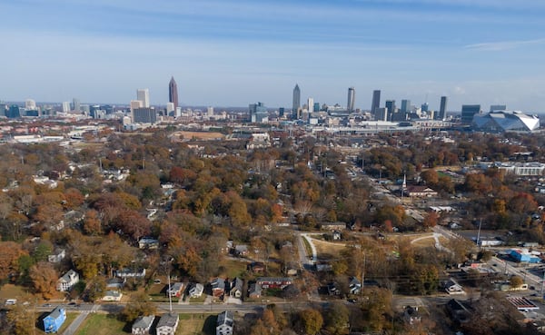 Aerial photography shows the area where a team of Emory researchers and the federal Environmental Protection Agency have found high levels of lead contamination in the soil near Mercedes Benz stadium on Nov. 27, 2019. More than 60 homes have tested for lead levels beyond what the EPA considers safe, and many more could be affected. HYOSUB SHIN / HYOSUB.SHIN@AJC.COM