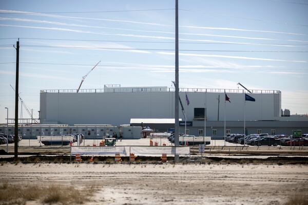 Contractors work on the Hyundai Metaplant in Ellabell, Ga., on Feb. 8, 2024.