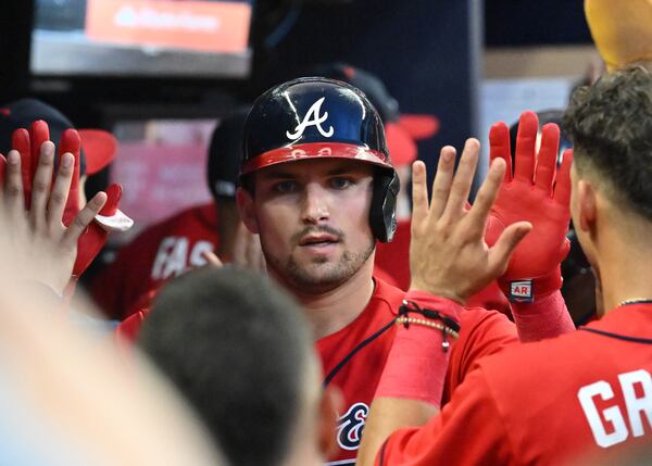 Braves' third baseman Austin Riley (27) celebrates after hitting three-run home run in the 3rd inning at Truist Park on Friday, August 19, 2022. (Hyosub Shin / Hyosub.Shin@ajc.com)