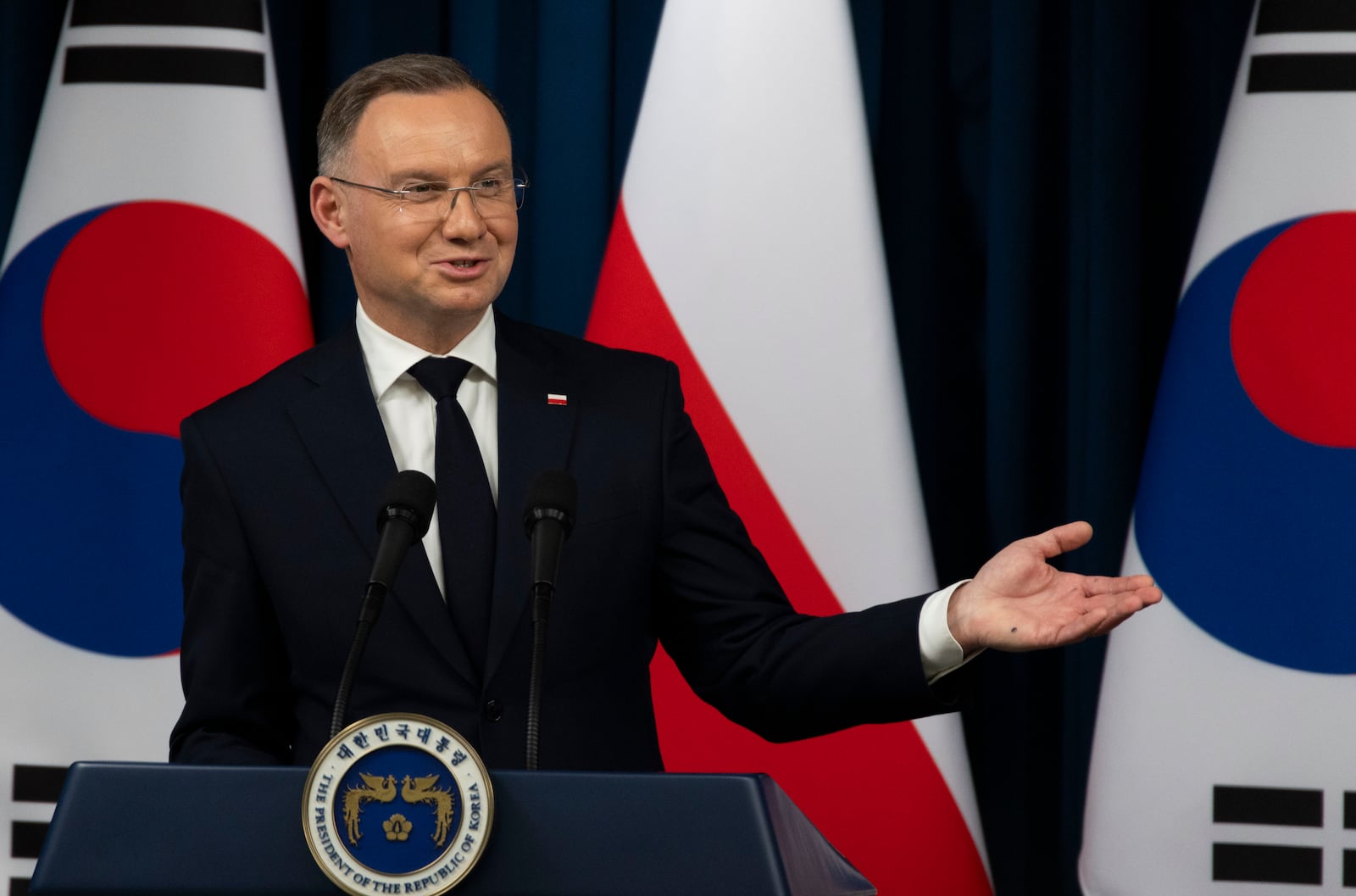 Poland's President Andrzej Duda, speaks during a joint press conference with South Korean President Yoon Suk Yeol, unseen, at the Presidential Office in Seoul, South Korea, Thursday, Oct. 24, 2024. (Jeon Heon-Kyun/Pool Photo via AP)