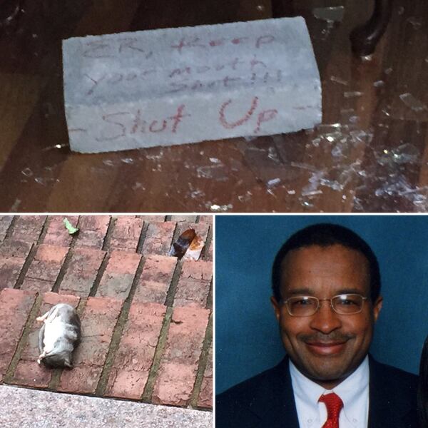 A brick, at top, that smashed a window at Elvin “E.R.” Mitchell Jr.’s southwest Atlanta home in September 2015. The brick reads: ER, shut your mouth!!! Shut up. Bottom right: E.R. Mitchell, an Atlanta contractor, pleaded guilty in a bribery scheme that allegedly centered around city contracts. Bottom left: Three dead rats also were left at Mitchell s property during the 2015 incident. SPECIAL