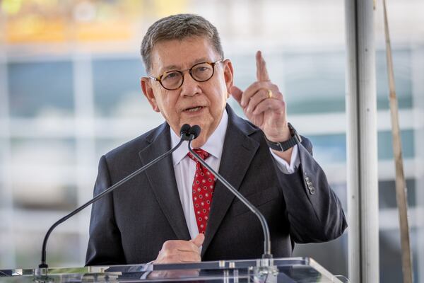 Frank Poe, Executive Director of the Georgia World Congress Center Authority, talks during the topping out ceremony of the Signia by Hilton Atlanta hotel on Georgia World Congress Center campus Tuesday, Mar. 28, 2023.   (Steve Schaefer/steve.schaefer@ajc.com)