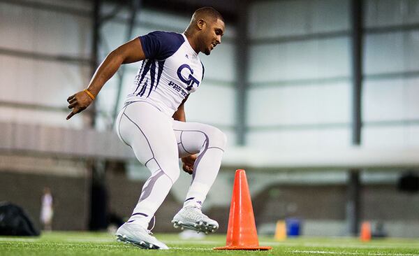 Synjyn Days runs a football drill during NFL Pro Day at Georgia Tech Friday, March 13, 2015, in Atlanta. (AP Photo/David Goldman) Synjyn Days runs a football drill during NFL Pro Day at Georgia Tech. (AP)