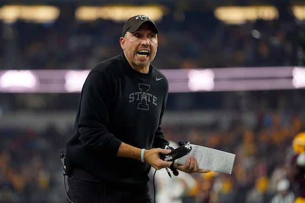 Iowa State head coach Matt Campbell reacts to play against Arizona State in the first half of the Big 12 Conference championship NCAA college football game, in Arlington, Texas, Saturday Dec. 7, 2024. (AP Photo/Julio Cortez)