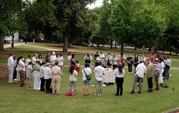 A group called “Lefty Jews of Athens” hosted a Shabbat on the University of Georgia campus where all were welcome on Friday night. After Shabbat, pro-Palestinian protesters gathered at the Arch entrance to the university and marched to City Hall in Athens on May 3, 2024. (Nell Carroll for The Atlanta Journal-Constitution)