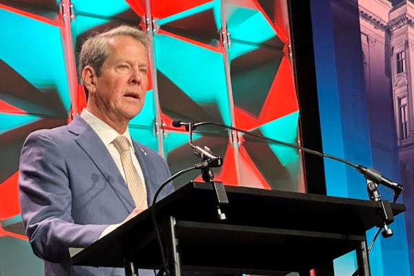 FILE - Georgia Gov. Brian Kemp addresses the Chamber of Commerce at the Georgia World Congress Center in Atlanta, Jan. 14, 2025. (AP Photo/Jeff Amy, File)