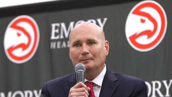 Hawks general manager Travis Schlenk during introductory press conference for new head coach Lloyd Pierce Monday, May 14, 2018, in Atlanta.