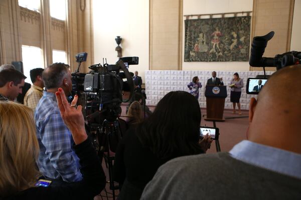 Atlanta Mayor Kasim Reed addresses reporters in at a February press conference before the release of 1.4 million documents pertaining to the City Hall bribery investigation. (HENRY TAYLOR / HENRY.TAYLOR@AJC.COM)