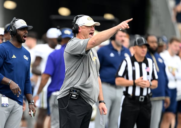 Georgia Tech coach Brent Key shouts instructions during the first half Saturday against Miami at Bobby Dodd Stadium in Atlanta. Hyosub Shin/AJC