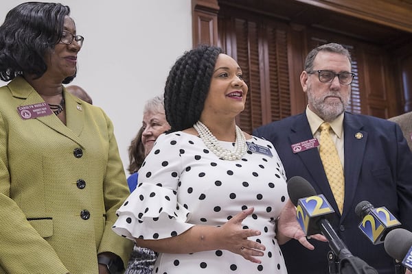 State Sen. Nikema Williams, chairwoman of the Democratic Party of Georgia, speaks during a press conference at the state Capitol in Atlanta on Nov. 14, 2018. (Alyssa Pointer / alyssa.pointer@ajc.com)