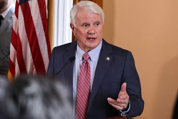 Georgia House Speaker Jon Burns praised Atlanta Mayor Andrew Dickens for his efforts over the last year, including to bring down crime and push forward the Atlanta Public Safety Training Center. (Natrice Miller/natrice.miller@ajc.com)