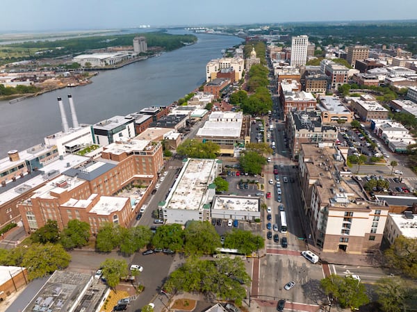 Aerial view of historic Savannah Georgia town and Savannah River. Visions of America/Joseph Sohm/UCG/Universal Images Group via Getty Images