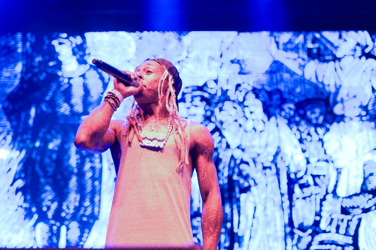 With a powerful performance, rapper Lil Wayne performs in front of thousands of people on the last day of the ONE Musicfest at Centennial Park on Sunday, October 10, 2021. Miguel Martinez for The Atlanta Journal-Constitution