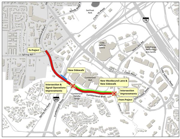 Map of the roadway project to improve the Cumberland Mall area that'll last 20 months