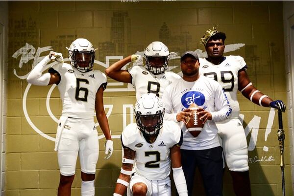 Calera (Ala.) High defensive tackle Jayson Jones on a recent visit to Georgia Tech (with crown and cane). From left: Thompson High (Ala.) defensive back Christian Copeland (6), Calera defensive back Trenton Yowe (2), Bessemer Academy (Ala.) wide receiver/safety Jaden Thomas (8) and Leonard Stephens, Jones' trainer. (Courtesy Leonard Stephens)