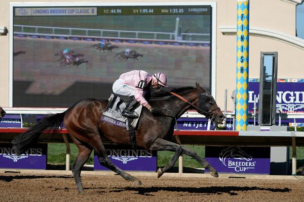 Flavien Prat rides Sierra Leone to victory in the Breeders' Cup Classic horse race in Del Mar, Calif., Saturday, Nov. 2, 2024. (AP Photo/Gregory Bull)