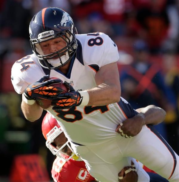 Denver Broncos tight end Jacob Tamme (84) drags Kansas City Chiefs strong safety Eric Berry into the end zone as he scores a touchdown during the first half of an NFL football game on Sunday, Nov. 25, 2012, in Kansas City, Mo. (AP Photo/Charlie Riedel) FILE PHOTO: Denver Broncos tight end Jacob Tamme (84) drags Kansas City Chiefs strong safety Eric Berry into the end zone as he scores a touchdown during the first half of an NFL football game on Sunday, Nov. 25, 2012, in Kansas City, Mo. (AP Photo/Charlie Riedel)