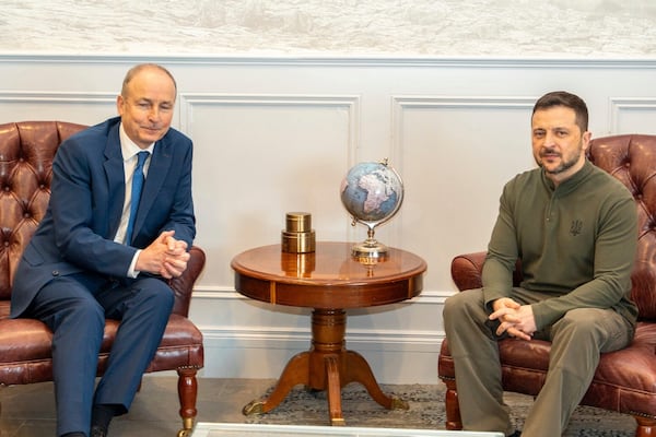 Ireland's Micheal Martin, left, during a meeting with Ukrainian President Volodymyr Zelenskyy at Shannon Airport in County Clare, Ireland, Thursday Feb. 27, 2025. (Noel Sweeney/PA via AP)