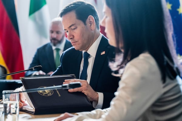 U.S. Secretary of State Marco Rubio alongside German Foreign Minister Annalena Baerbock, right, attends the G7 foreign ministers meeting in La Malbaie, Quebec, Thursday, March 13, 2025. (Saul Loeb, Pool via AP)