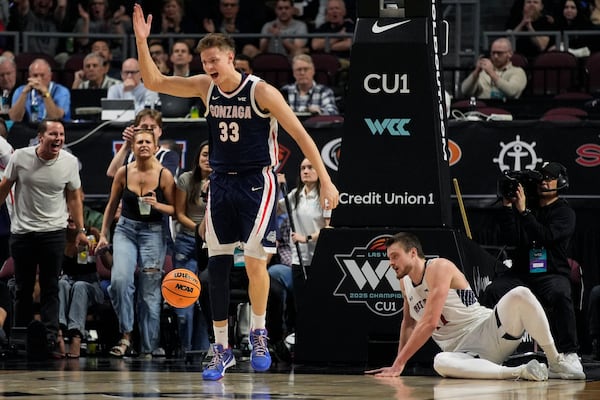 Gonzaga forward Ben Gregg (33) reacts after a play against Saint Mary's during the first half of an NCAA college basketball championship game in the West Coast Conference men's tournament Tuesday, March 11, 2025, in Las Vegas. (AP Photo/John Locher)